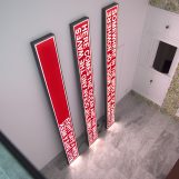 Here comes the ocean and the waves, 2016 Three Light Signal. Iron and methacrylate with red vinyl. 118,11x11,8x3,14 Each unit.