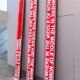 Here comes the ocean and the waves, 2016 Three Light Signal. Iron and methacrylate with red vinyl. 118,11x11,8x3,14 Each unit.