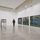 Installation view Hotel, Museum, Gallery, 2009 Oil and omnicrom marker / Canvas. 230 x 200 cm (x 3) Glass Cabinets: Hotel Prototype, Museum Prototype, Gallery Prototype, 2009 Wooden and screw models. 30 x 40 x 65 cm (x 3). Glass Cabinet: 137 x 50 x 70 cm (x 3)