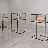 Installation view Hotel, Museum, Gallery, 2009 Glass Cabinets: Hotel Prototype, Museum Prototype, Gallery Prototype, 2009 Wooden and screw model. 30 x 40 x 65 cm (x 3). Glass Cabinet: 137 x 50 x 70 cm (x 3)