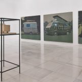 Hotel, Museum, Gallery, 2009 Oil and omnicrom marker/Canvas. Glass Cabinets: Hotel Prototype, Museum Prototype, Gallery Prototype, 2009 Wooden and screw models. Glass Cabinet.