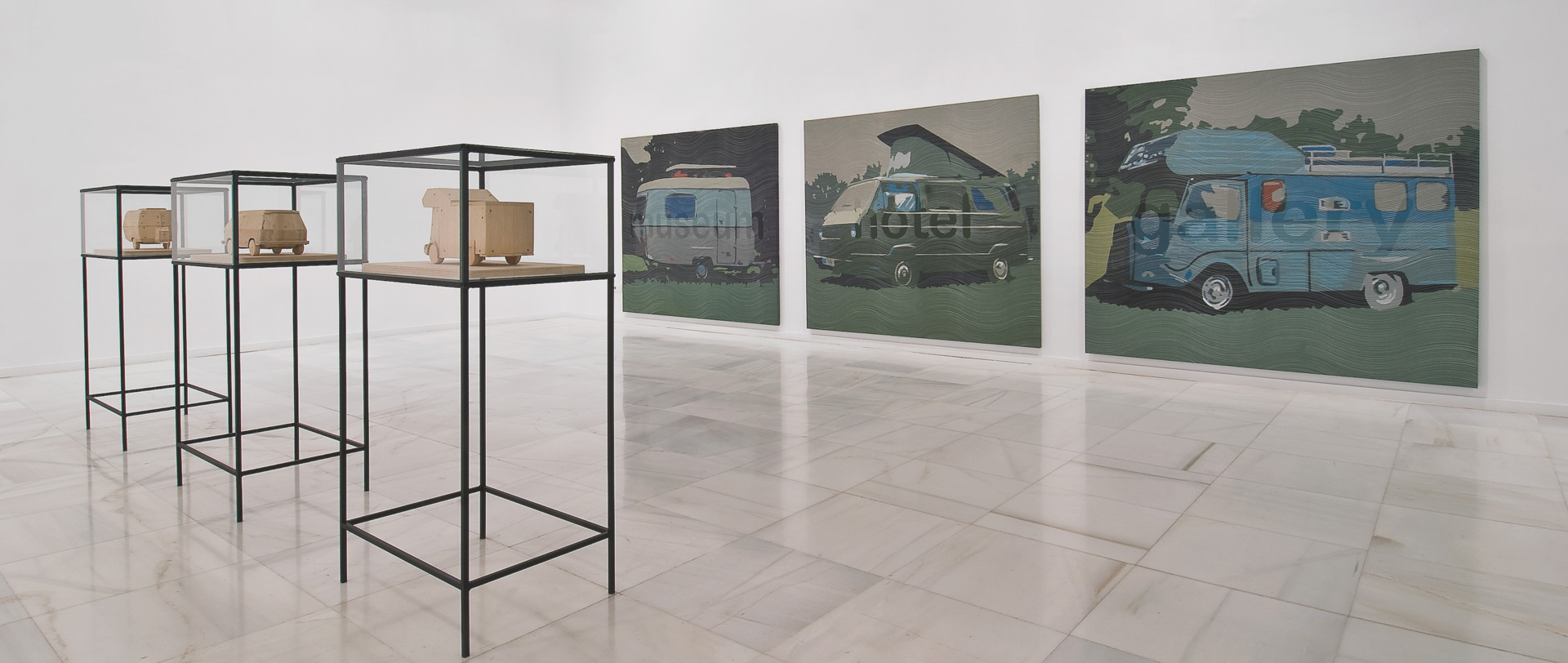 Hotel, Museum, Gallery, 2009 Oil and omnicrom marker/Canvas. Glass Cabinets: Hotel Prototype, Museum Prototype, Gallery Prototype, 2009 Wooden and screw models. Glass Cabinet.