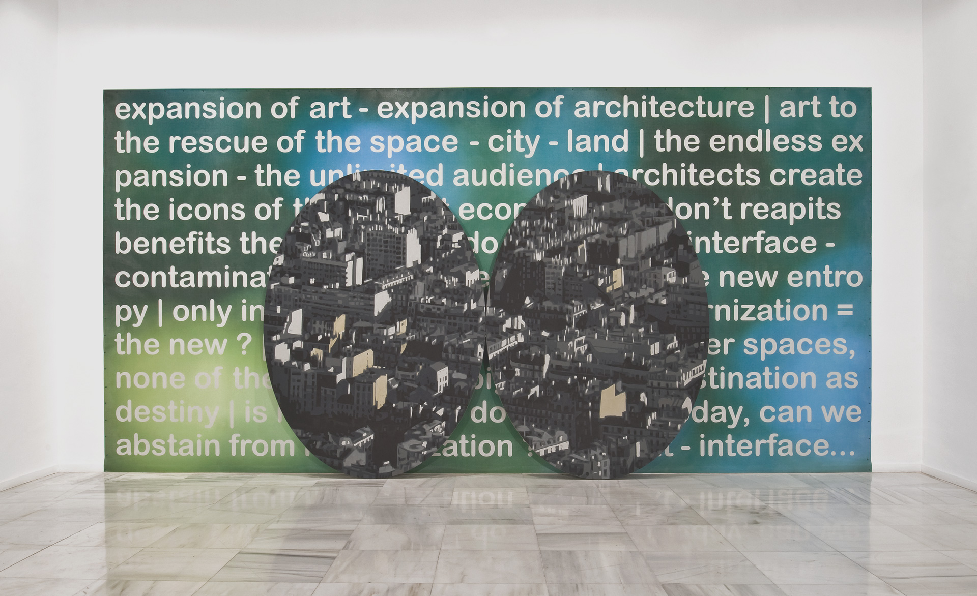 The best views of the city, 2009 Oil on canvas. 108,2 x 78,7 inches. 2 ovals. (275x200cm). Digital print on PVC Mesh canvas. 137,7 x 275,5 inches. (350x700cm)