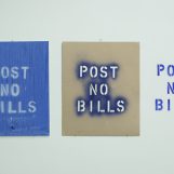 Public Space Intervention with white spray on the wall - Stencil - Blue intervention. 3 units 40x35cm