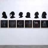 Utopias on scaffoldings, 2018. White tempera on black Canson paper. 8 units 54x52cm each.