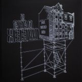 Utopias on scaffoldings, 2018. White tempera on black Canson paper. 54x52cm.