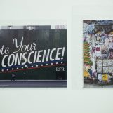 Vote your conscience! and Stickers in the street,  2018. Digital print on dibond. 53x70cm and 58x38cm.